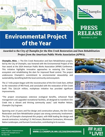The Elm Creek Restoration and Dam Rehabilitation project was honored with the Environmental Project of the Year award at the 2024 American Public Works Association (APWA) Conference.