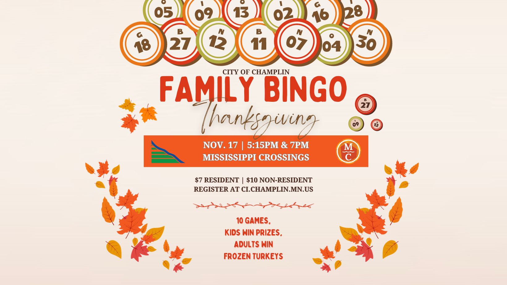 A view of the Thanksgiving Bingo graphic and details of the Nov 18 event.
