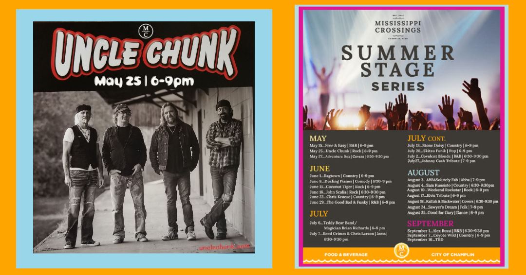 Uncle Chunk performing live at Mississippi Crossings on May 25th from 6-9pm.