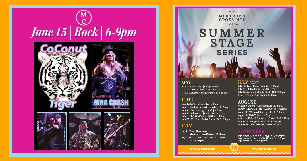 CoConut Tiger will be at the Mississippi Crossings Summer Series June 15th
