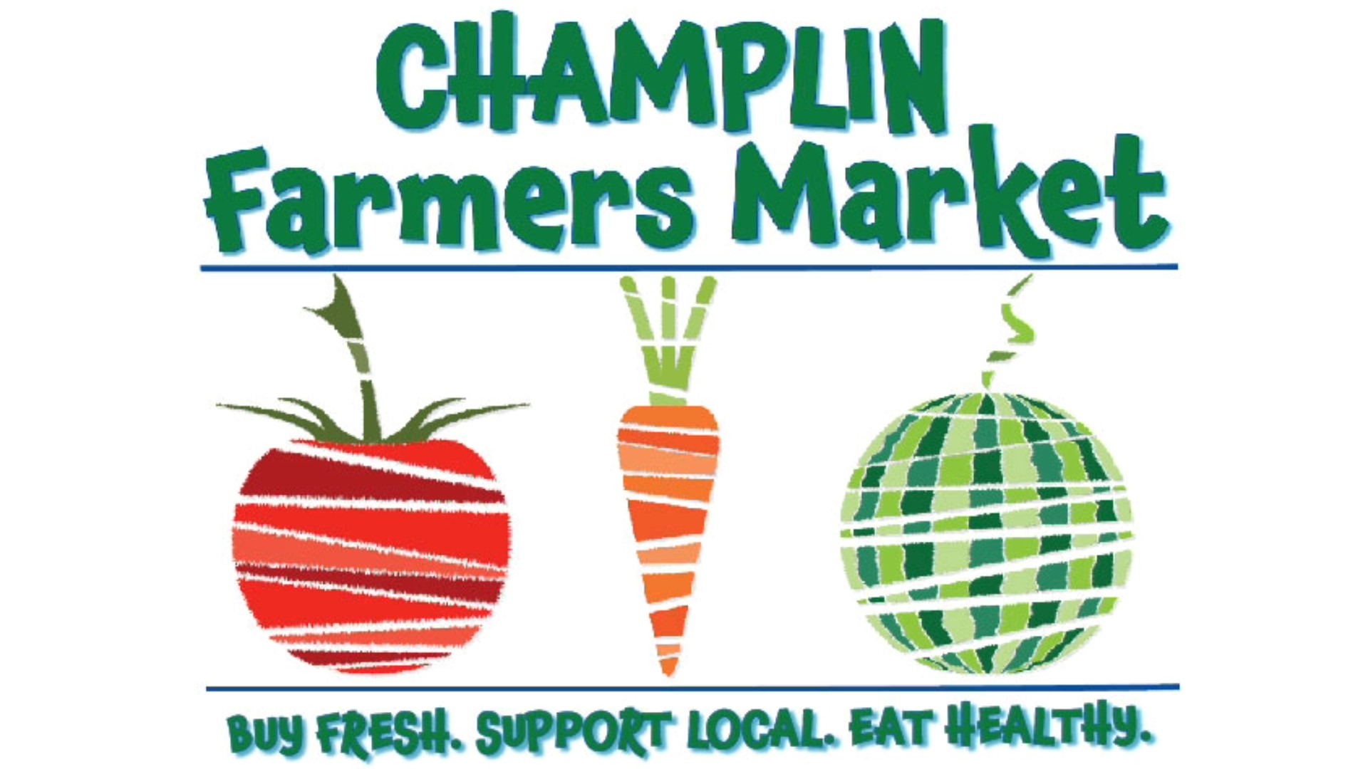 A view of the Champlin Farmers Market logo of a watermelon, carrot and tomato.