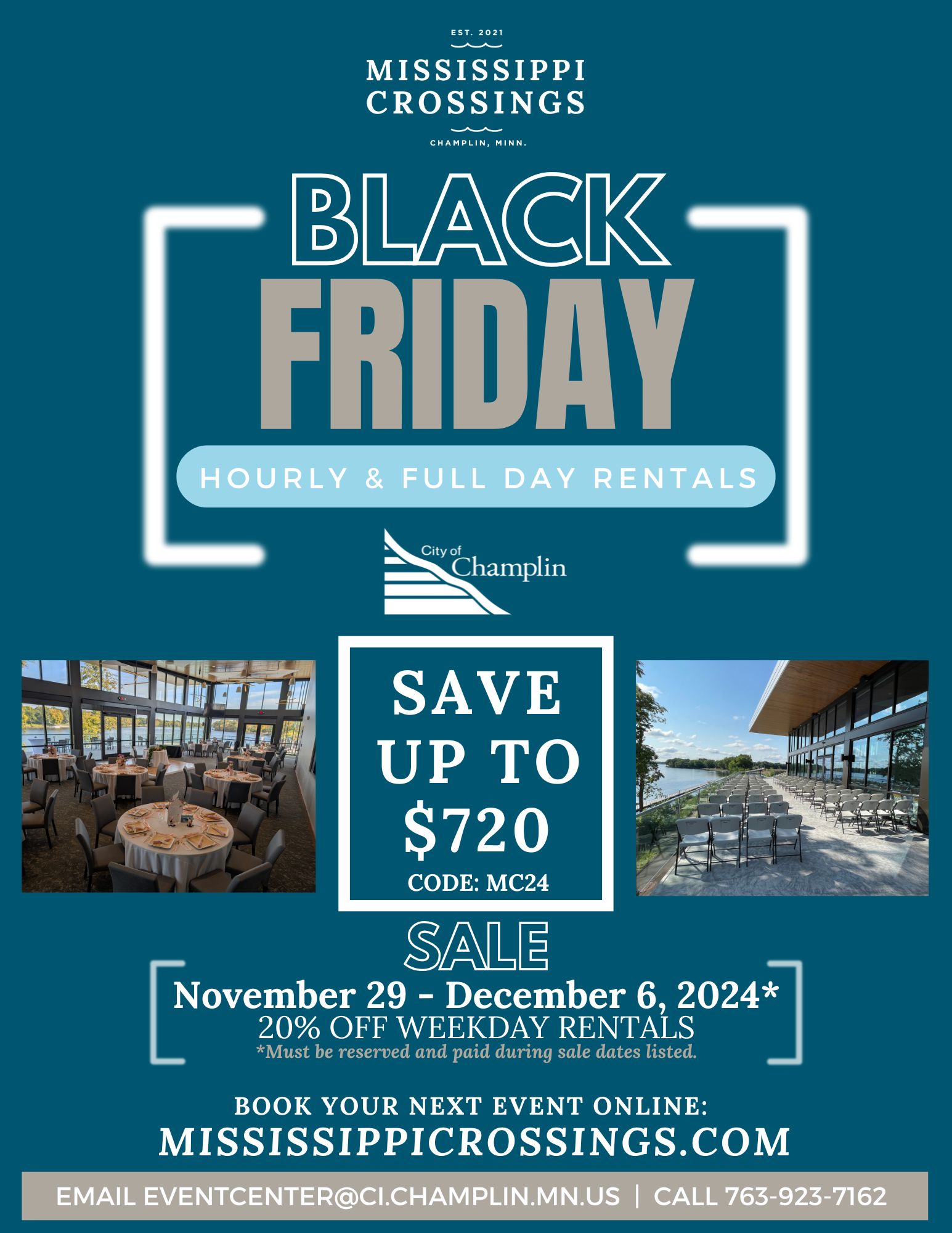 A view of the 2024 Black Friday Special stating 20% of weekday rentals of the event center.