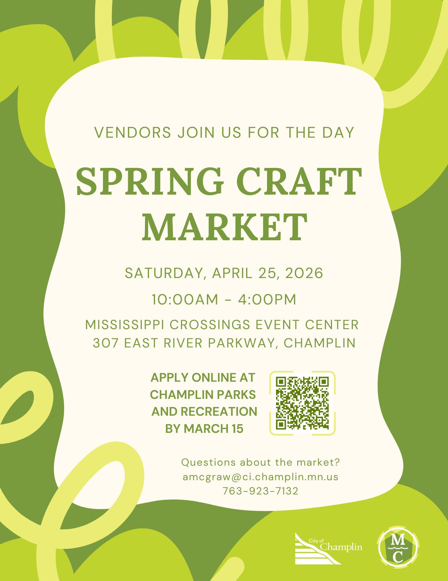 2026 Spring Craft Market, Saturday, April 25, 2026, from 10am to 4pm at 307 East River Parkway, inside the Mississippi Crossings Event Center.